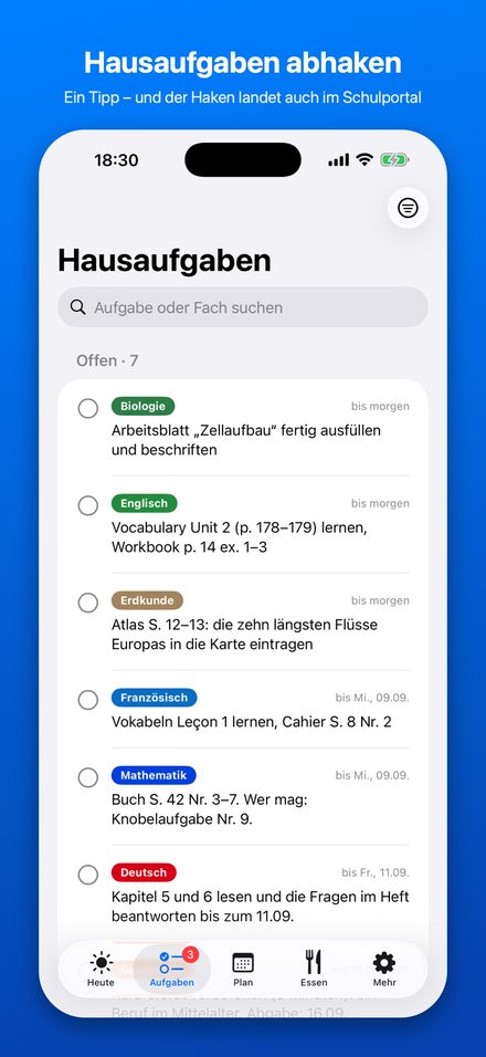 Tab „Aufgaben“: alle offenen Hausaufgaben zum Abhaken