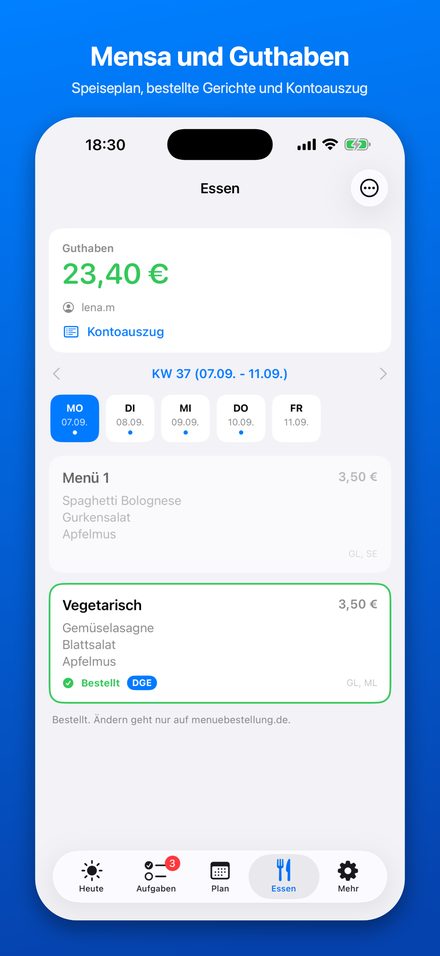 Tab „Essen“: Speiseplan und Guthaben der Mensakarte