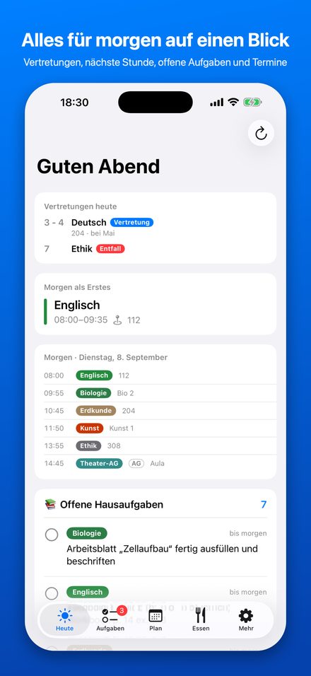 Tab „Heute“: Vertretungen, nächste Stunde, offene Hausaufgaben