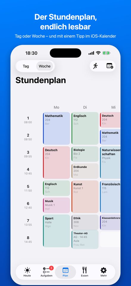 Tab „Plan“: Stundenplan als Tagesliste und Wochenraster